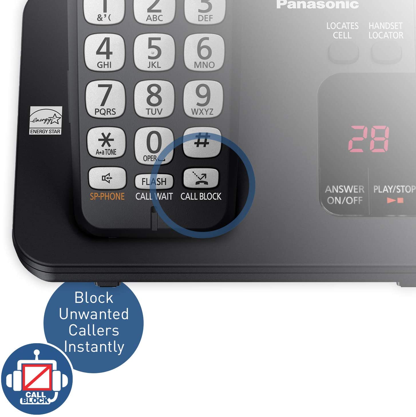 Panasonic DECT 6.0 Expandable Cordless Phone System with Answering Machine and Call Blocking - 3 Handsets - KX-TGE433B (Black) Panasonic DECT 6.0 Expandable Cordless Phone System with Answering Machine and Call Blocking - 3 Handsets - KX-TGE433B (Black)